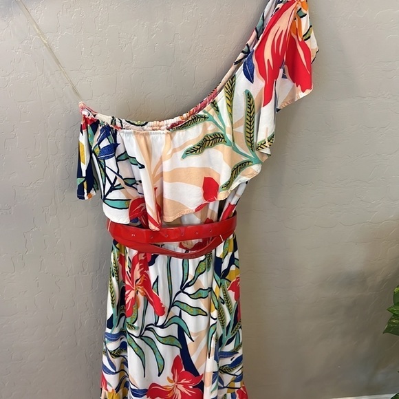 Flying Tomato One shoulder ruffle floral tropical print tiered maxi dress, L - Picture 6 of 15